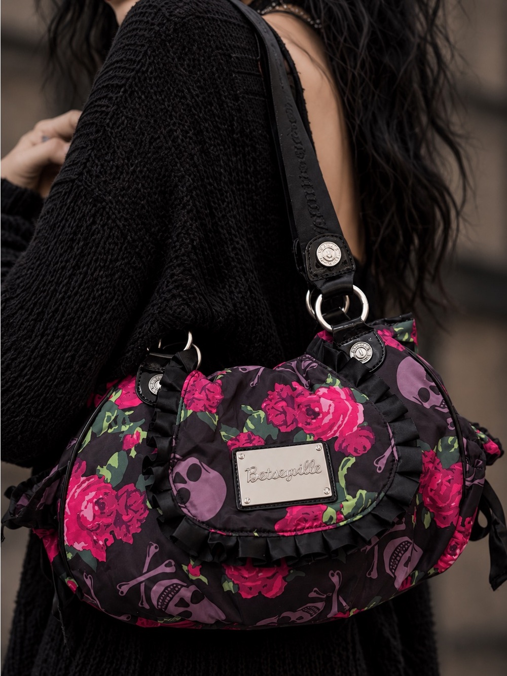 Betsey Johnson Black Shoulder Bag with Pink Floral & Purple Skull Print